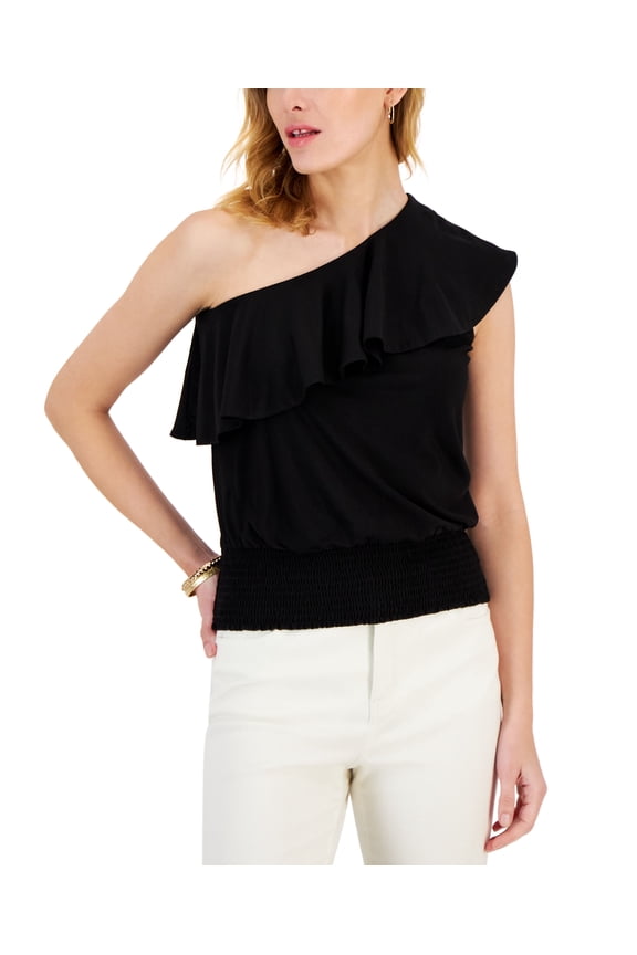 Women's Ruffled One-Shoulder Smocked-Hem Top Deep Black M