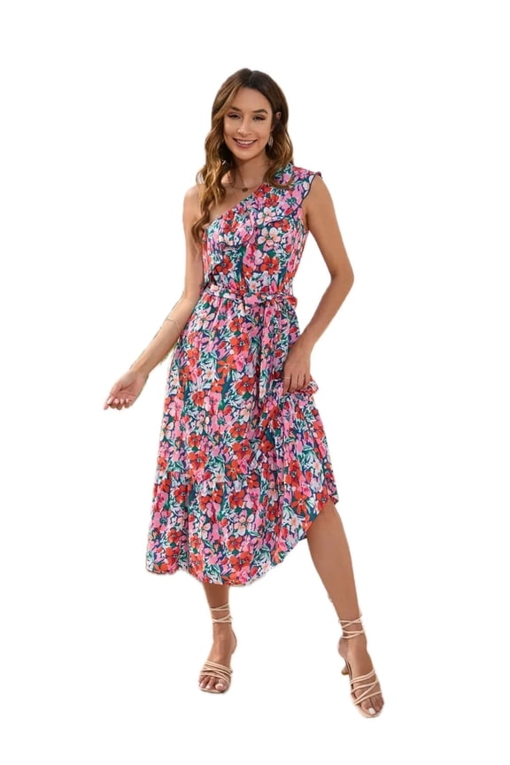 Women's Ruffled Printed One Shoulder Midi Dress with Sheer Overlay and Non Stretch Bodice 100% Polyester Fabric