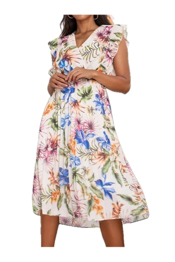 Women's Ruffled Printed Surplice Cap Sleeve Dress with Ruched Sheer Overlay and 100% Polyester fabric for events