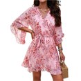 thumbnail image 1 of Women's Ruffled Printed Surplice Mini Dress with Half Sleeves Tie Front Flowy Hem 100% Polyester Fabric Casual, 1 of 19