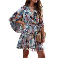 thumbnail image 1 of Women's Ruffled Printed Surplice Mini Dress with Half Sleeves Tie Front Flowy Hem 100% Polyester Fabric Casual, 1 of 19