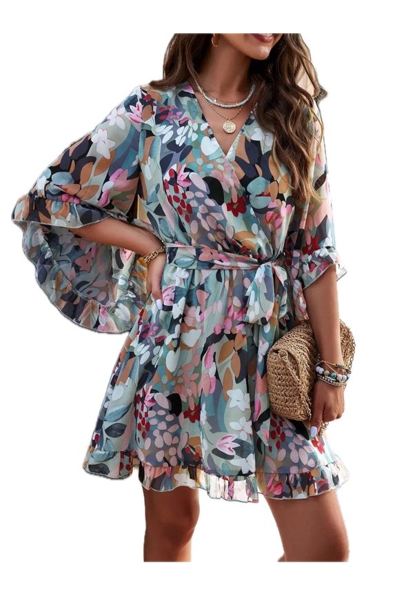 Women's Ruffled Printed Surplice Mini Dress with Half Sleeves Tie Front Flowy Hem 100% Polyester Fabric Casual