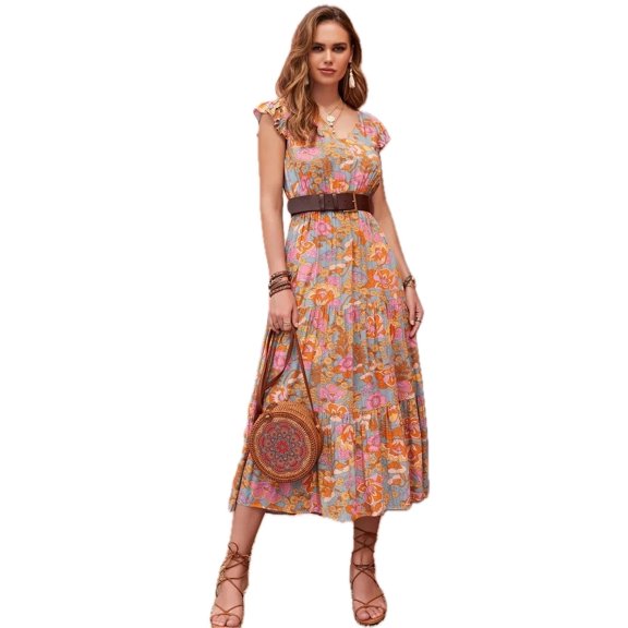 Women's Ruffled Printed V-Neck Cap Sleeve Tiered Dress 100% viscose Lightweight Flowy Silhouette for Everyday Chic