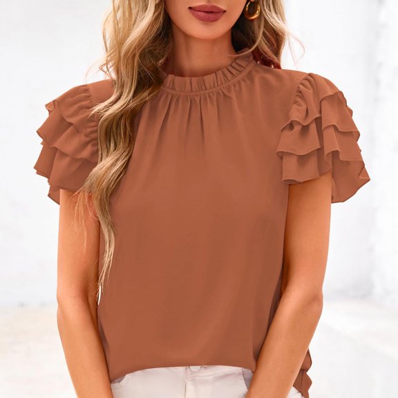 Women's Ruffled Puff Sleeve Top, Round Neck Bubble Short Sleeve Blouse, Feminine Cottagecore Style for Picnics or Afternoon Tea, Brown - XL