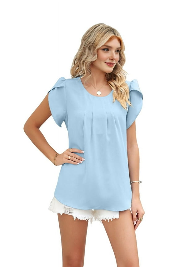Women's Ruffled Round Neck Flutter Sleeve Blouse - Flowy Chiffon Peplum Top with Pleated Detail