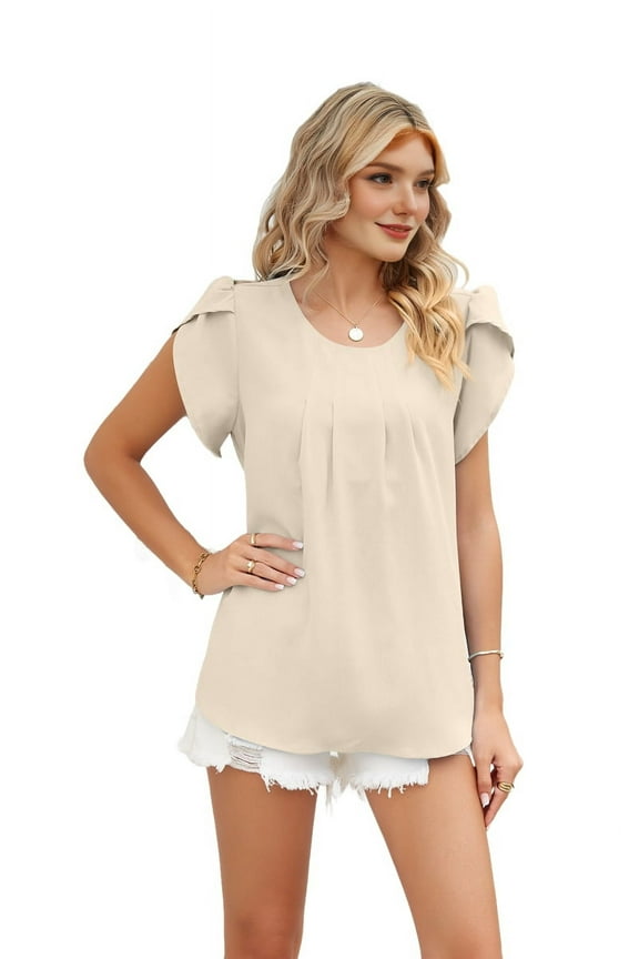 Women's Ruffled Round Neck Flutter Sleeve Blouse - Flowy Chiffon Peplum Top with Pleated Detail