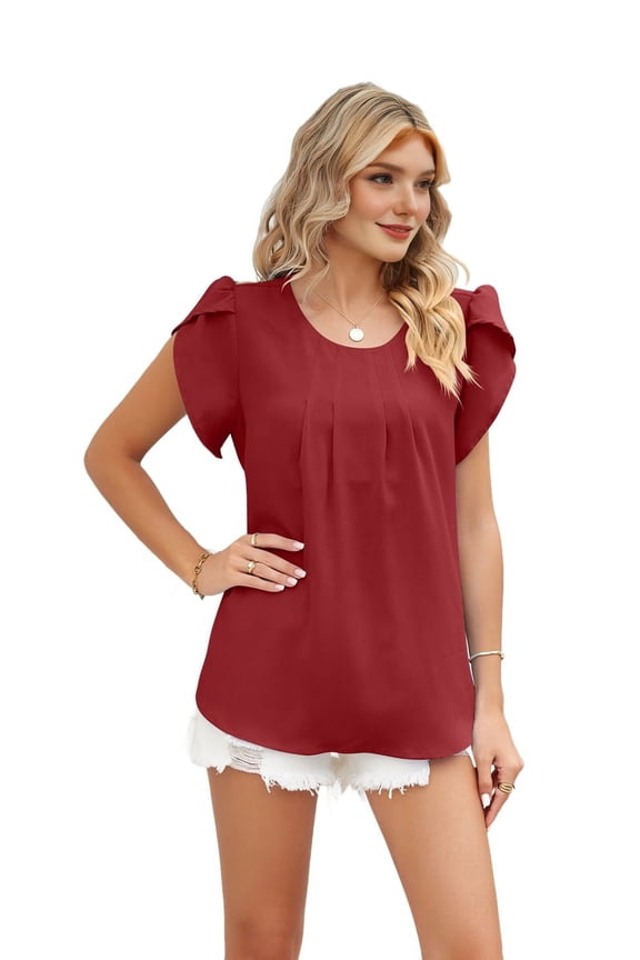 Women's Ruffled Round Neck Flutter Sleeve Blouse - Flowy Chiffon Peplum Top with Pleated Detail