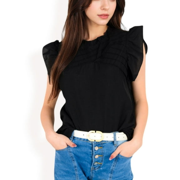 Women's Ruffled Sleeve Pleated Front Knit Top- Black,Medium