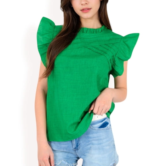 Women's Ruffled Sleeve Pleated Front Knit Top- Green,Medium