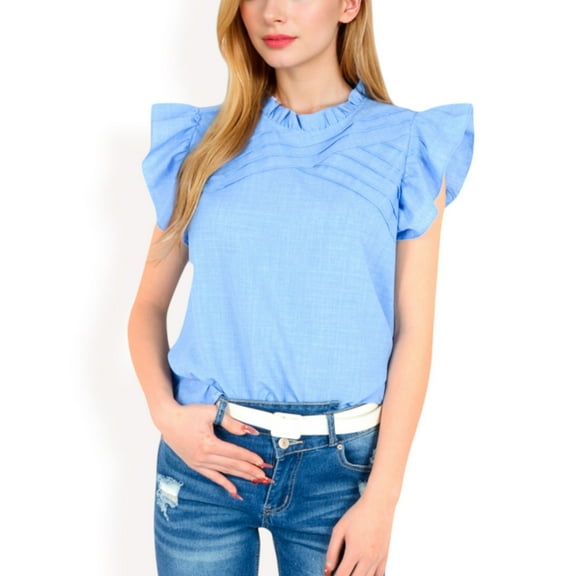 Women's Ruffled Sleeve Pleated Front Knit Top- Light Blue,Medium