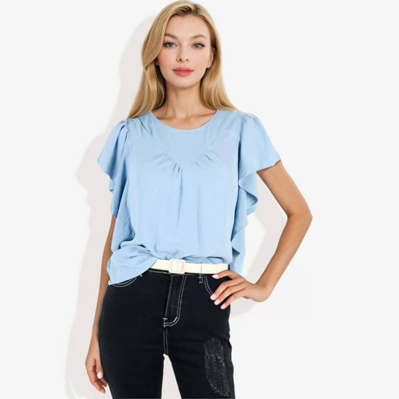 Women's Ruffled Sleeve Round Neck Blouse Elegant Flowy Casual Top- X Large, Blue