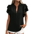 thumbnail image 1 of Women's Ruffled Sleeve V Neck Blouses Solid Color Slim Fit Summer 2025 Trendy Clothes Black,M, 1 of 5