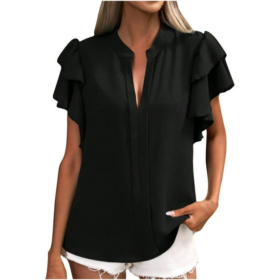 Women's Ruffled Sleeve V Neck Blouses Solid Color Slim Fit Summer 2025 Trendy Clothes Black,M