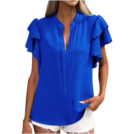 Women's Ruffled Sleeve V Neck Blouses Solid Color Slim Fit Summer 2025 Trendy Clothes Blue,XL