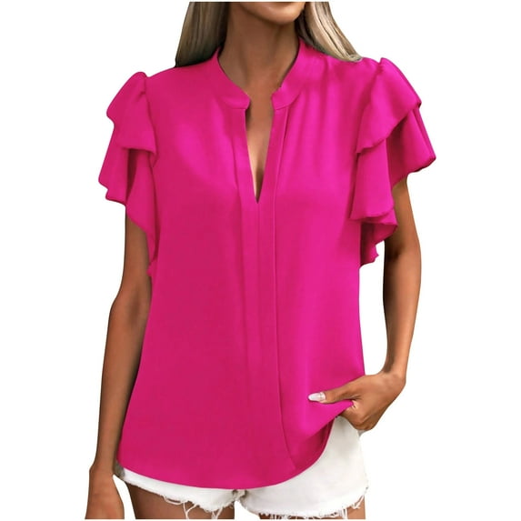 Women's Ruffled Sleeve V Neck Blouses Solid Color Slim Fit Summer 2025 Trendy Clothes Hot Pink,2XL
