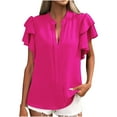 thumbnail image 1 of Women's Ruffled Sleeve V Neck Blouses Solid Color Slim Fit Summer 2025 Trendy Clothes Hot Pink,XL, 1 of 5