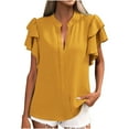 thumbnail image 1 of Women's Ruffled Sleeve V Neck Blouses Solid Color Slim Fit Summer 2026 Trendy Clothes Yellow,XL, 1 of 5