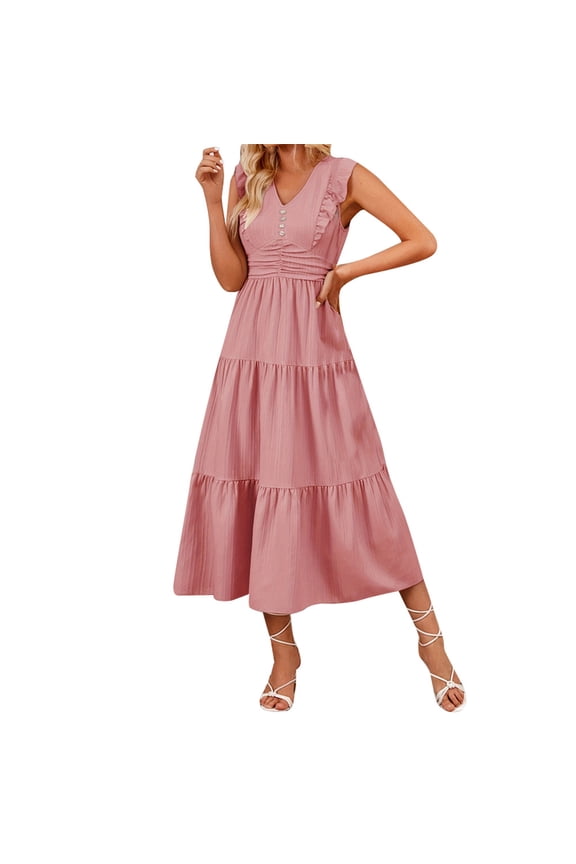 Women's Ruffled Slim Solid Color Jacquard Sleeveless Dress - Off The Shoulder, Smocked, Tiered A-Line, Polyester-Elastane, S-XL