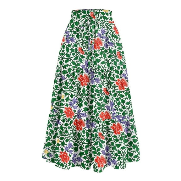 Women's Ruffled Spring Casual Long Skirt Plain Color Skirt Retro Pleated Skirt, Floral Print with Bow Design for Everyday Wear,Army Green,Size S