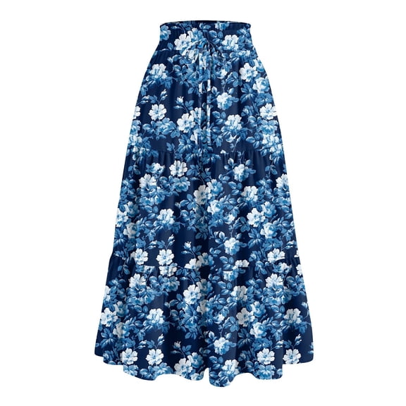 Women's Ruffled Spring Casual Long Skirt Plain Color Skirt Retro Pleated Skirt, Floral Print with Bow Design for Everyday Wear,Dark Blue,Size L