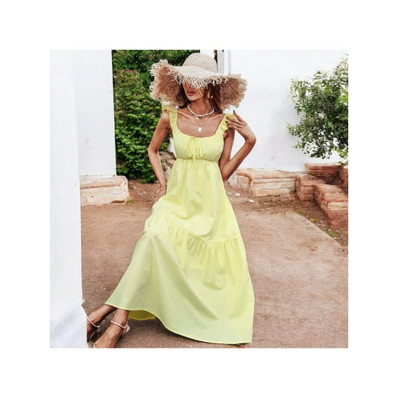 Women's Ruffled Strap Maxi Dress with Tie Front and Tiered Skirt- Large, Yellow