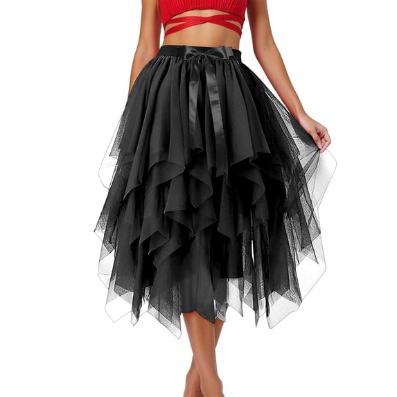 Women's Ruffled Tulle Midi Skirt High Waisted Satin Bow Irregular Hem Mesh Midi Skirts Stretchy Comfy Layered Party Outfits