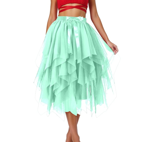 Women's Ruffled Tulle Midi Skirt High Waisted Satin Bow Irregular Hem Mesh Midi Skirts Stretchy Comfy Layered Party Outfits
