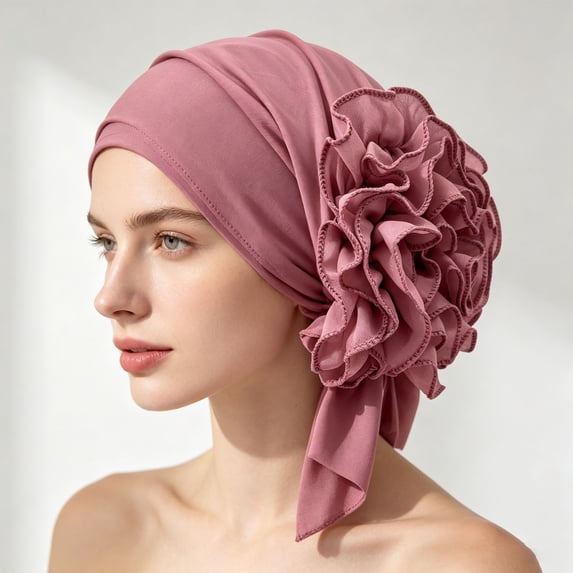Women's Ruffled Turban Head Wrap, Pre-Tied Floral Decor Head Scarf with Layered Ruffle Embellishment, Soft Breathable Stretchy Sleep Cap for Daily Wear Travel Pink