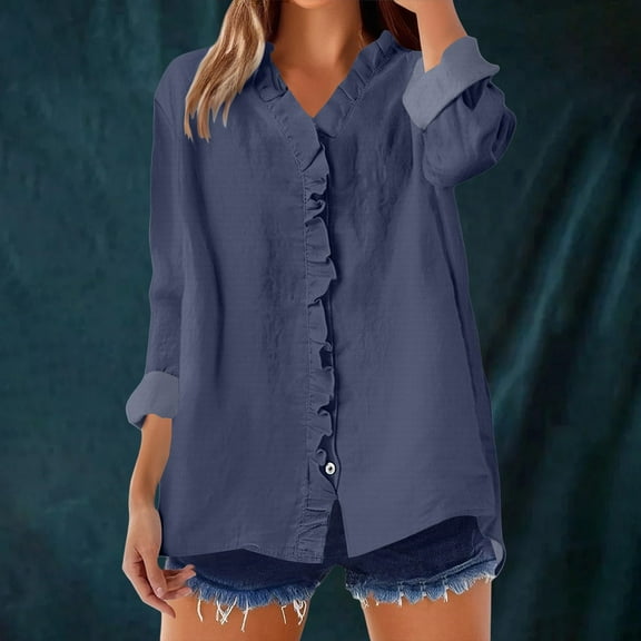 Women's Ruffled V-Neck Button Down Shirt, Bohemian Patchwork Long Sleeve Blouse with Roll-Up Cuffs, Lightweight Loose Fit Casual Top for Artistic Style Navy M