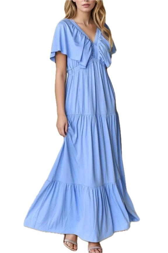 Women's Ruffled V Neck Flutter Sleeve Maxi Dress with 65% viscose 35% polyester Flowing Silhouette for Summer Nights