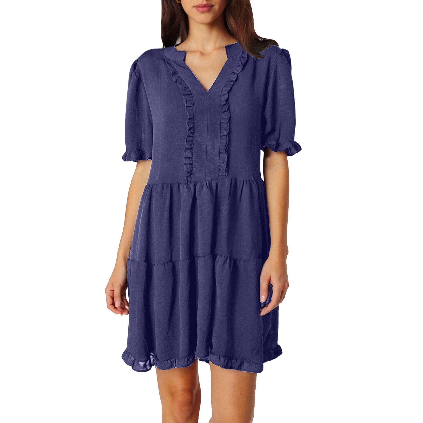 Women's Ruffled V Neck Layered Flare Dress - 4-Way Stretch, Spring/Summer,  S-XXL - Walmart.com