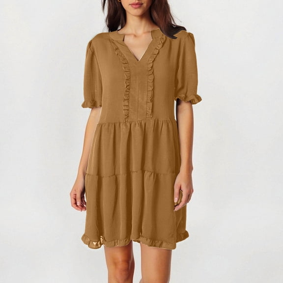 Women's Ruffled V Neck Short Sleeve Layered Flare Dress Four Way Stretch For Spring/Summer Womens Stretch Dresses Shirt Dress Dress for Concert Business Casual for Women Casual Summer Clothes Dresses