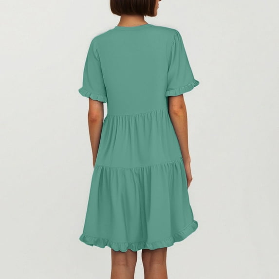Women's Ruffled V Neck Short Sleeve Layered Flare Dress Four Way Stretch For Spring/Summer Womens Summer Dress Casual Lady Dresses Midi Dress Dress Women Casual Woman Dresses for Work Translucent