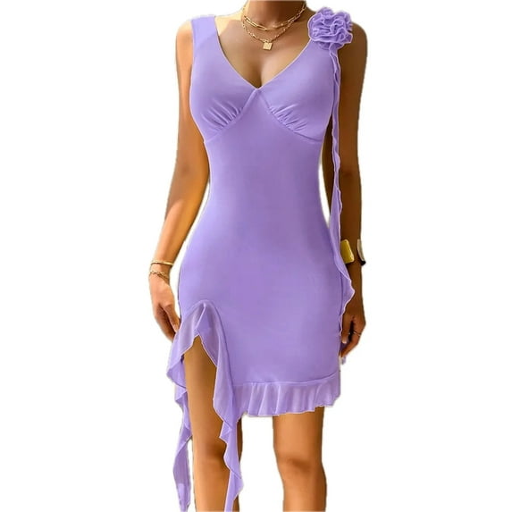 Women's Ruffled V Neck Sleeveless Mini Dress with Sheer Overlay 92% viscose 8% elastane Highly Stretchy Body Not Lined