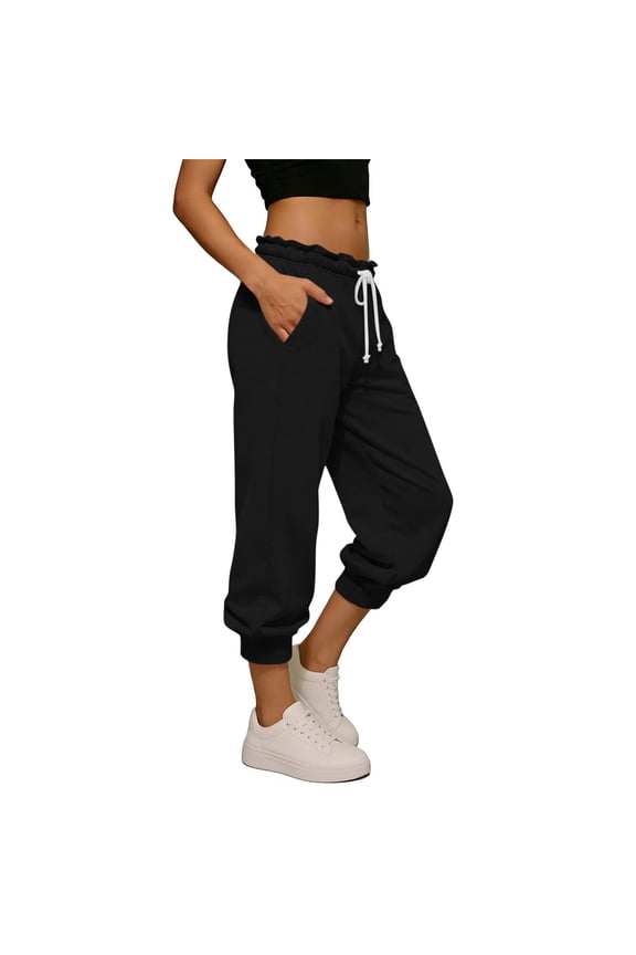 Women's Ruffled Waist Cropped Jogger Pants, Drawstring Elastic Waist Capri Sweatpants with Pockets, Casual Summer Lounge Pants(Black,L)