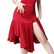 Womens Rumba Salsa Tango Cha-Cha Dance Practice Skirt Asymmetric Cut Side Slit Open Hem Burgundy