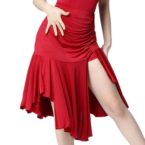 Women's Rumba Salsa Tango Cha-Cha Dance Practice Skirt Asymmetric Cut Side Slit Open Hem Burgundy