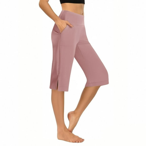 Women's Running Capris New Women's Wide Leg Yoga Capris High Waist Loose Fitted Workout Pants with Pockets Casual Lounge Trousers Pinky L