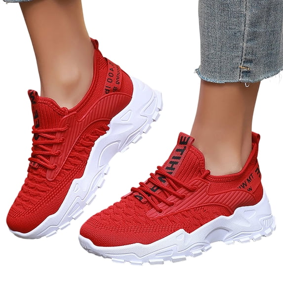 Women's Running Shoes Breathable Mesh Non Slip Lace up Sneakers Lightweight Athletic Gym Casual Fashion Walking Shoes Red Size 8.5