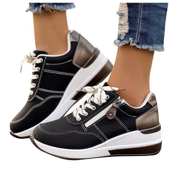 Women's Lace up Platform Wedge Sneakers Side Zipper Fashion Walking Shoes Comfortable Non Slip Casual Daily Shopping Outfits Footwear Black Size 6.5