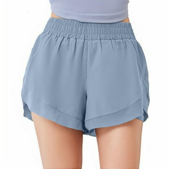 Women's Running Short Elastic Waistband High Waisted Short Pants with Pockets Lightweight Sporty Workout Shorts Gym Athletic Short Pant with Liner Light Blue M