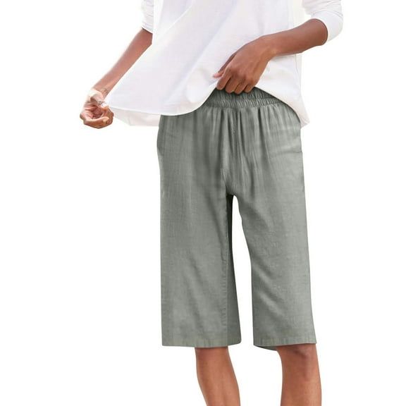 Women's Running Shorts New Loose Shorts for Women Wide Leg Linen Knee Length Summer Casual Long Shorts High Waisted Short with Pockets Gray M