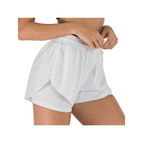 Women's Running Shorts Double Layer Fitness Workout Athletic Shorts, White, Large