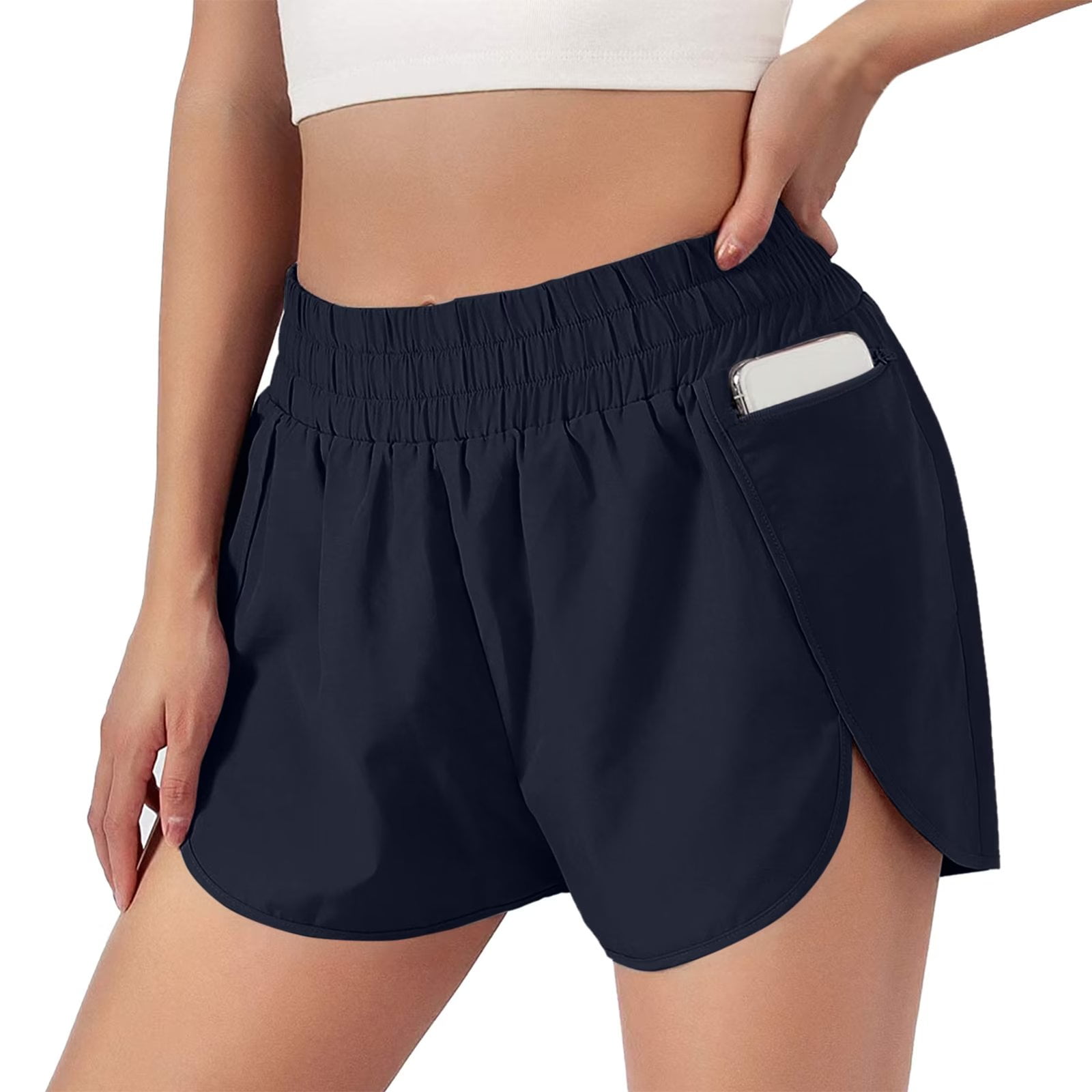 Women's Running Shorts Elastic High Waisted Athletic Workout Shorts with  Pockets 