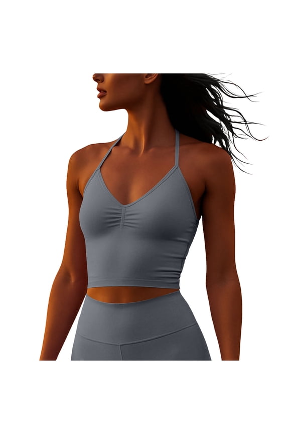 Women's Running Sports Fitness Tank Tops Strap Neck Backless Yoga V-Neck Cami Padded Cropped Workout Tank Tops Dark Gray S