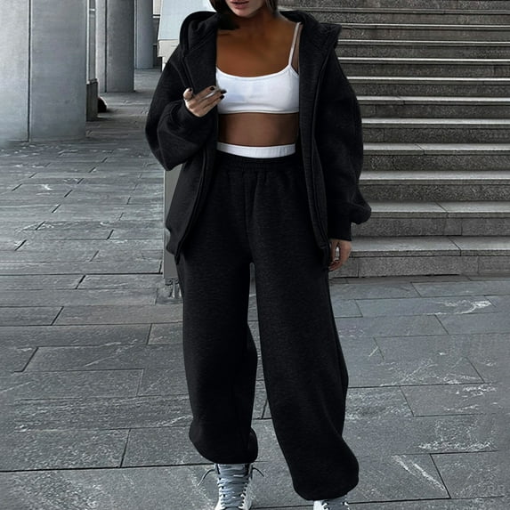 Women's Running Tracksuit Sets, Full Zip Loose Casual Hoodies Matching Elastic Waist Joggers Pant Activewear New Vacation Set for Women 2 Piece Black L