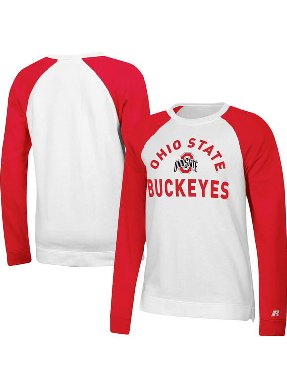 Women's Russell Athletic White/Scarlet Ohio State Buckeyes Fleece Raglan Pullover Sweatshirt