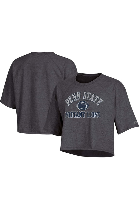Women's Russell Heathered Charcoal Penn State Nittany Lions Raglan Half-Sleeve Cropped T-Shirt
