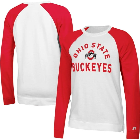 Women's Russell White/Scarlet Ohio State Buckeyes Fleece Raglan Pullover Sweatshirt