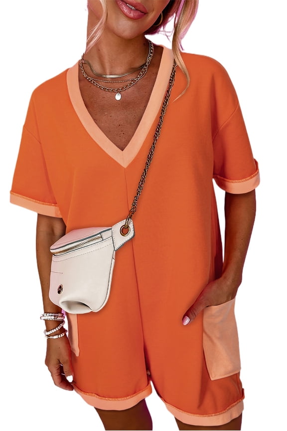 Women's Russet Orange Two-Tone Short Sleeve V Neck Loose Romper with Patched Pockets | [ZhiHiMeRi] | (US 12-14)L